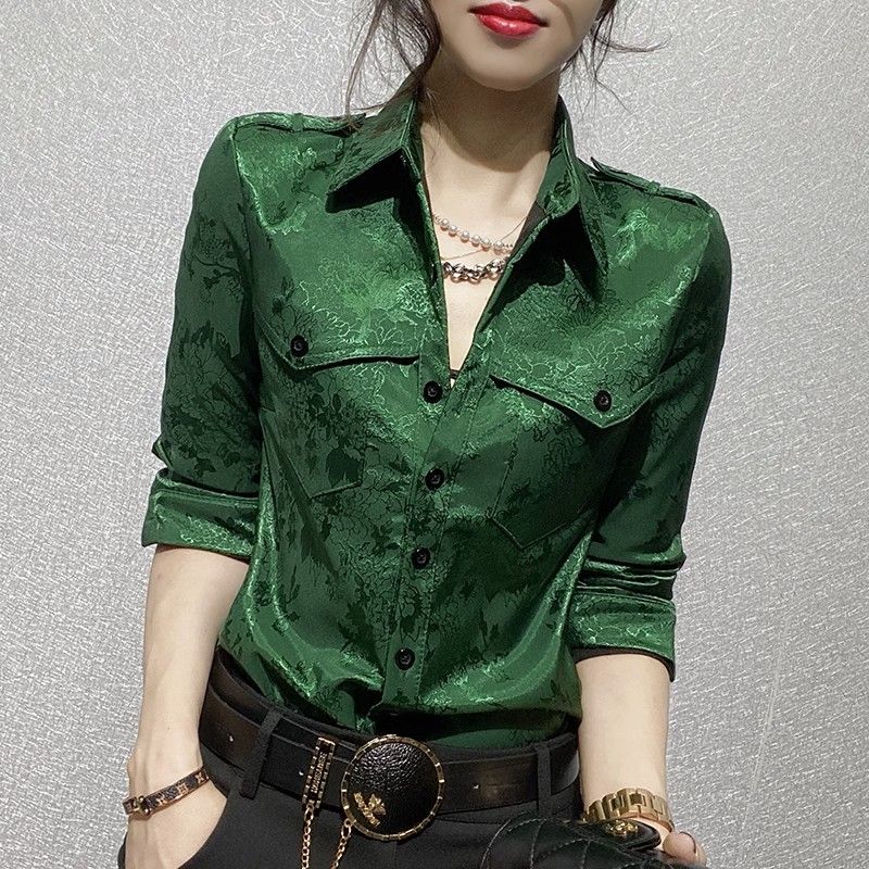 Women Formal Wear Outfits - หญิงเสื้อฤดูใบไม้ผลิและฤดูใบไม้ร่วงแขนยาวผู้หญิงเสื้อชุดสํานักงานสวมใส่ทํางานปุ่มอย่างเป็นทางการหลวมสีเขียว XL