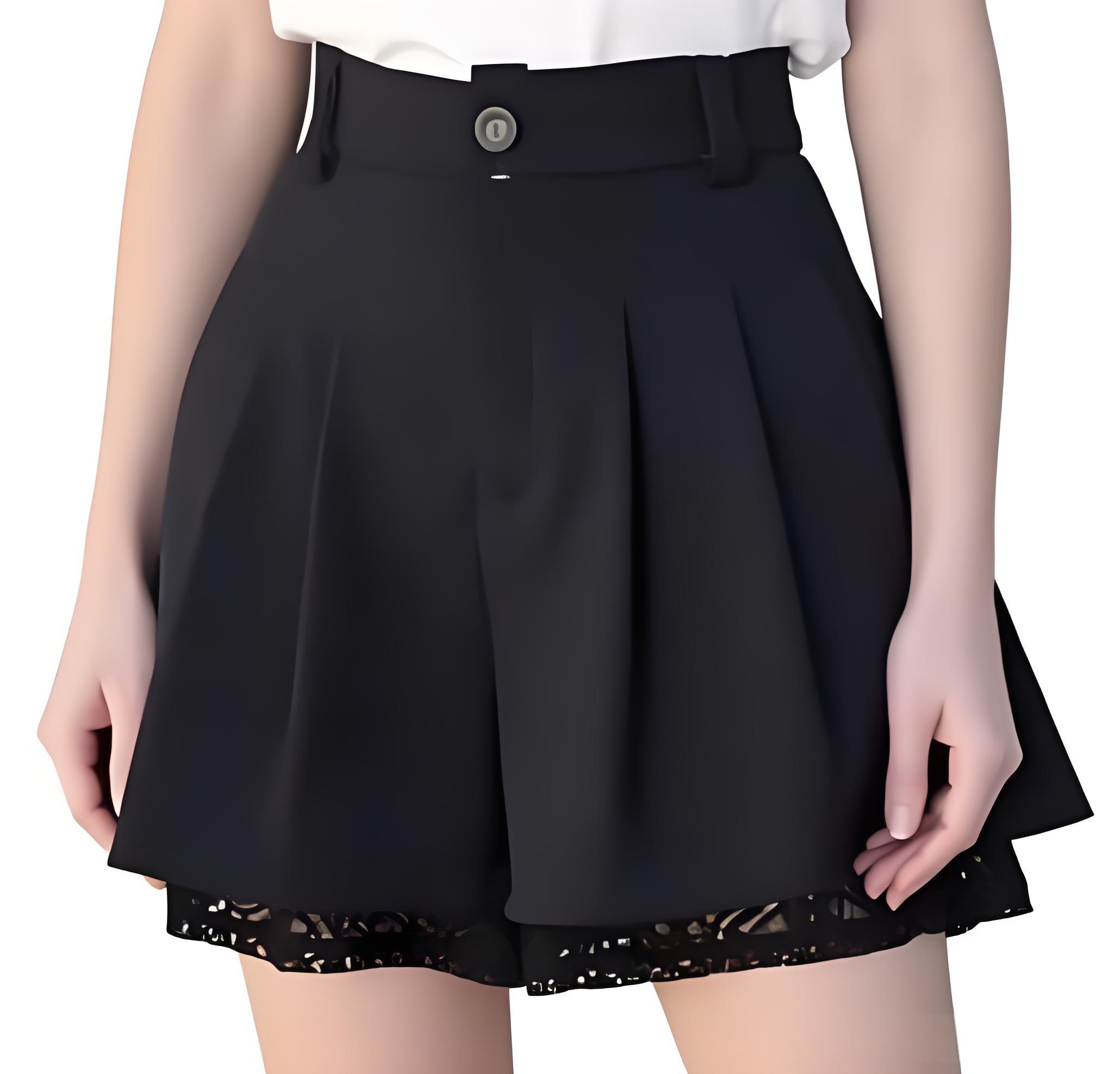 Women'S Formal Wear Suits - กางเกงขาสั้นทรงคูลอตเอวสูงสำหรับผู้หญิง สไตล์ลำลอง แต่งระบายจีบ ขากว้าง แต่งขอบลูกไม้ลายดอกไม้ เหมาะสำหรับใส่ทำงานประจำวัน