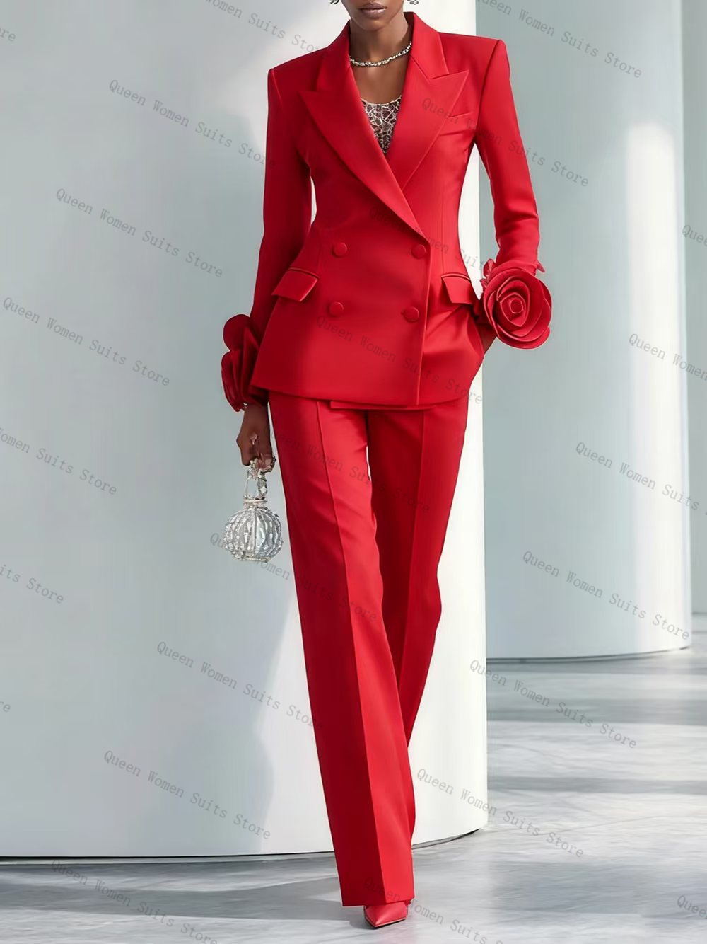 Women'S Red Formal Wear - ชุดสูทผู้หญิงสีแดงสุดหรู 2 ชิ้น เสื้อเบลเซอร์+กางเกงขายาว ลายดอกไม้ 3