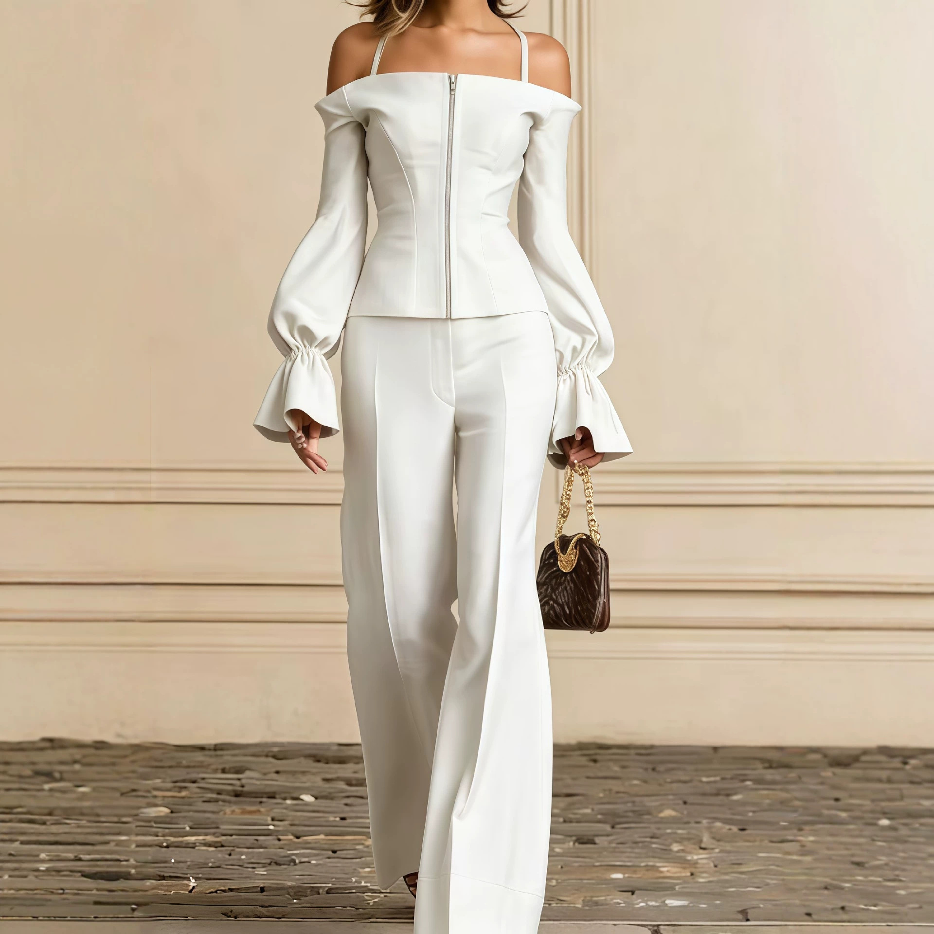 Women'S Formal Wear Suits - ชุดกางเกง 2 ชิ้นสำหรับผู้หญิง เสื้อสายเดี่ยวสีพื้น แขนทรงโคม ซิป