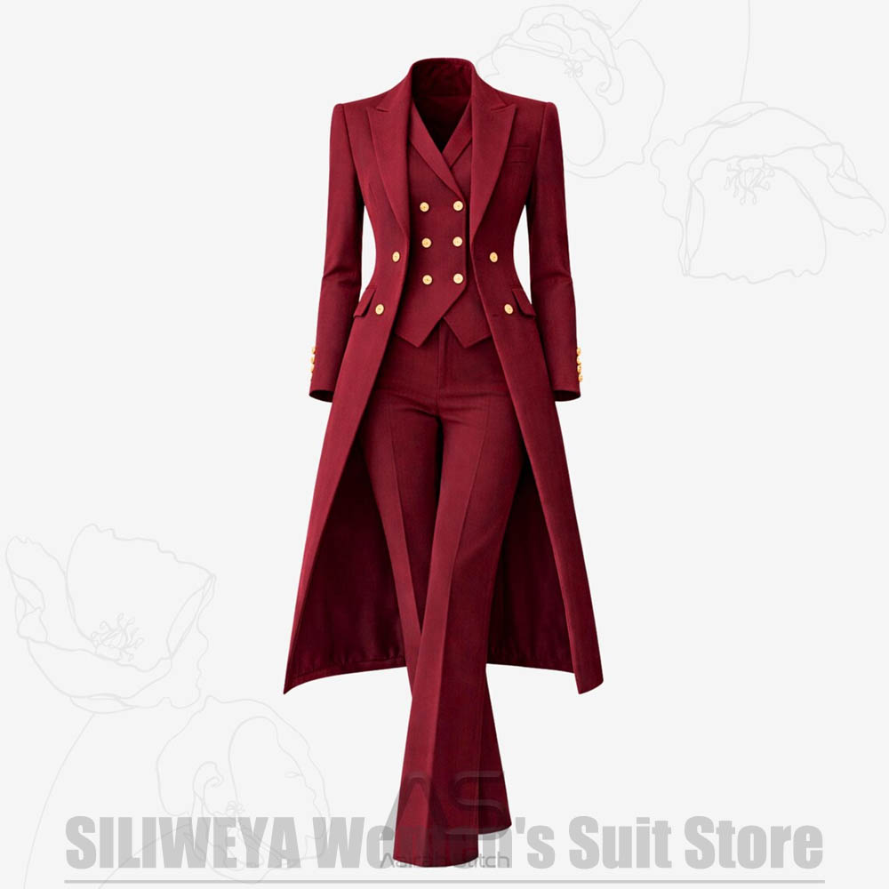 Women Formal Wear Outfits - ชุดสูทผู้หญิง 3 ชิ้น แบบกระดุมสองแถว เสื้อโค้ทยาว เสื้อกั๊ก