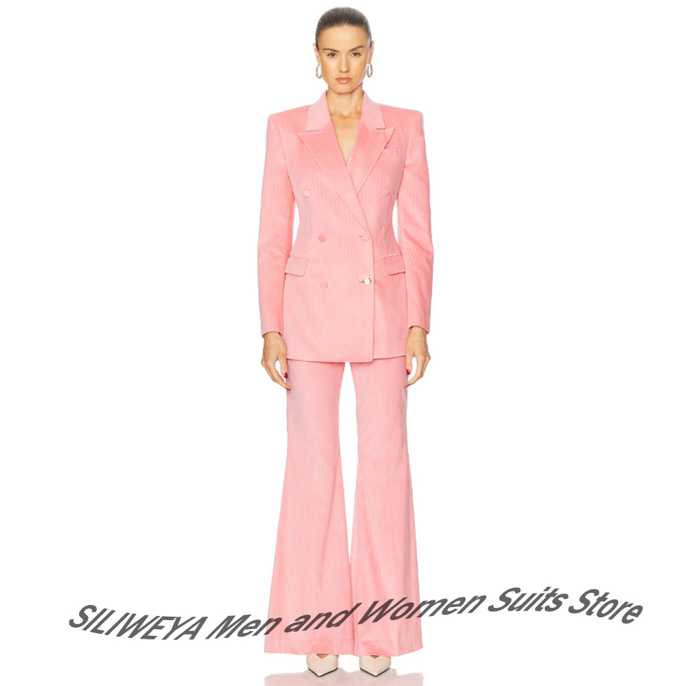 Women Formal Wear Look - ชุดสูทผ้าลูกฟูกสีชมพูสไตล์วินเทจ 2 ชิ้น เสื้อแจ็คเก็ตกระดุมสองแถว+กางเกงขาบาน ลุคเรโทรโมเดิร์น สำหรับงานเลี้ยงตอนเย็น
