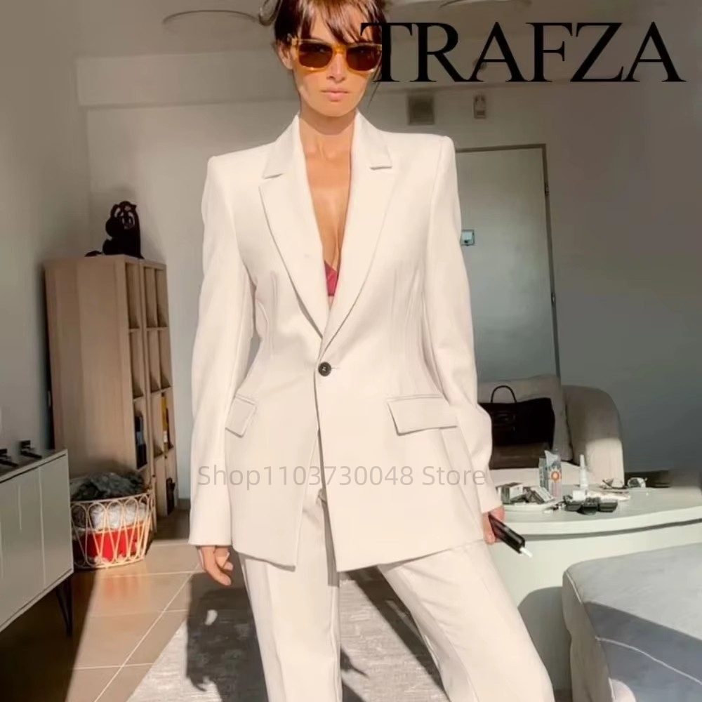 Women'S Red Formal Wear - แฟชั่นชุดสูทสตรีสำหรับออฟฟิศ เสื้อเบลเซอร์และกางเกงขายาว สีขาว/แดง ชุดทำงานสำหรับผู้หญิง ชุดทำงาน 2