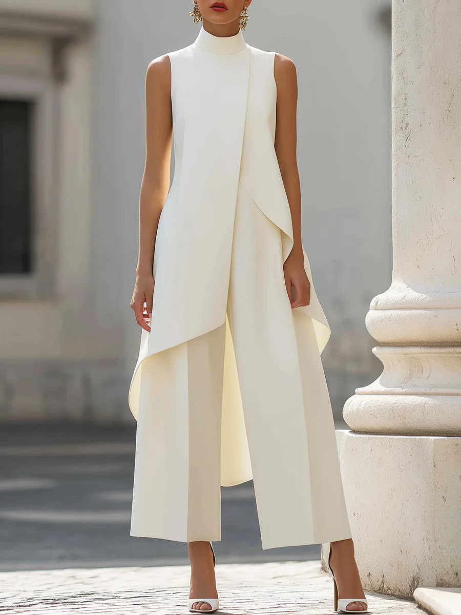 Women'S Formal Wear Suits - ชุดสูททำงานผู้หญิงสีพื้นแบบสองชิ้น เสื้อแขนกุดคอสูงทรงเอ ไซส์ใหญ่ กางเกงขายาวทรงกว้าง แฟชั่นสไตล์ลำลองสำหรับใส่ทำงาน